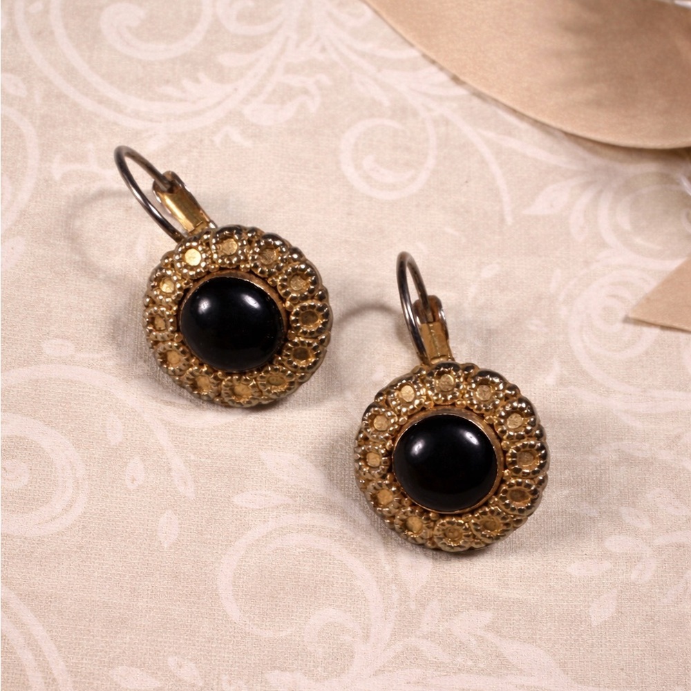 Vintage Art Deco Style Black Center Gold Tone Dangle Earrings 1930s 40s